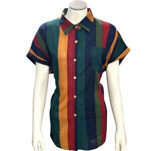 CCC Unisex Multicolor Striped Button Up Shirt Polyester Casual Retro Chic Large